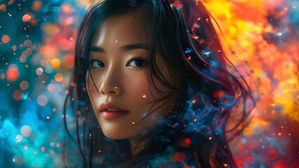 Fototapeta premium Photorealistic Asian girl with double exposure, colorful digital art. Generative AI