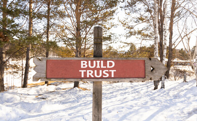 Build trust symbol. Concept words Build trust on beautiful wooden road sign. Beautiful forest snow blue sky background. Business and build trust concept, copy space.