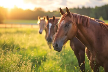 Obraz premium View from side body of a three Thoroughbred Horse standing on grass, Awe-inspiring, Full body shot ::2 Side Angle View
