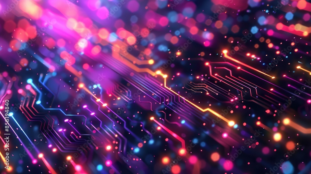 Poster abstract technology background featuring intricate circuits and vibrant hues, celebrating the comple