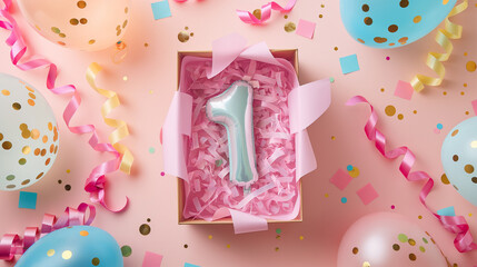 First birthday gift box with number 1 balloon inside, confetti and ribbons on a pastel background