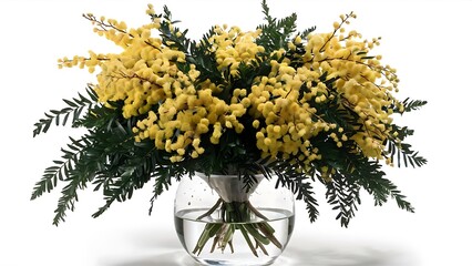 Mimosa in glass vase on white background top view