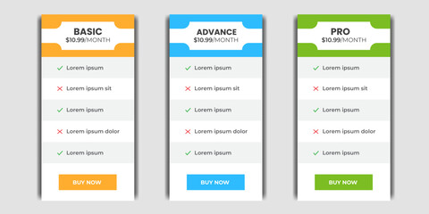 Corporate Pricing plans comparison table. Business product price chart subscription list layout. Features checklist infographic price design
