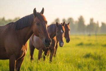 Obraz premium View from side body of a three Thoroughbred Horse standing on grass, Awe-inspiring, Full body shot ::2 Side Angle View 