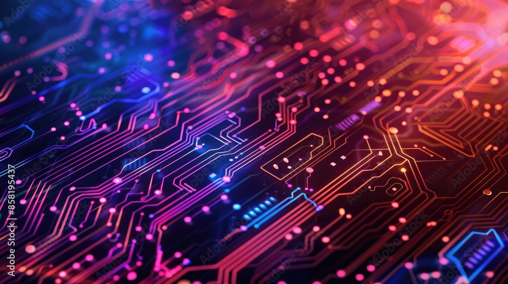 Poster abstract technology background featuring intricate circuits and vibrant hues, celebrating the comple