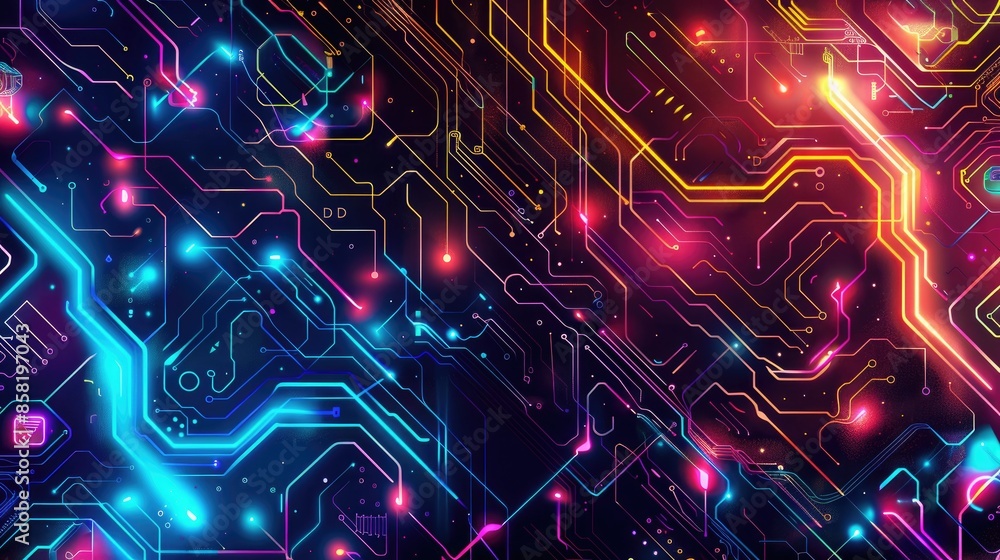 Poster abstract technology background featuring intricate circuits and vibrant hues, celebrating the comple