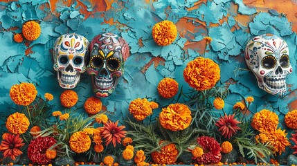 A vibrant, festive illustration of a Dia de los Muertos celebration, with colorful sugar skulls, marigold flowers, and joyful music and dancing. Illustration, Minimalism,