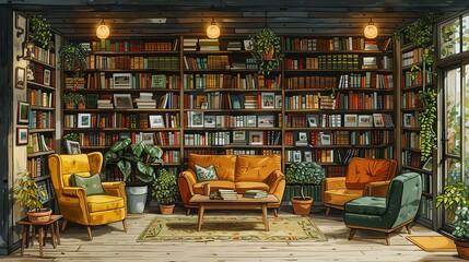 A charming, hand-drawn illustration of a cozy bookstore, with shelves of books, comfy chairs, and a welcoming atmosphere for book lovers. Illustration, Minimalism,