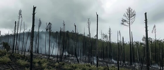 Burned trees in a foggy forest, with rays of sunlight breaking through, emphasizing the resilience of nature in an autumn landscape