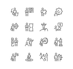 Set of business people related icons, team management, problem solution, leadership, teamwork, partnership, business organization and linear variety vectors.
