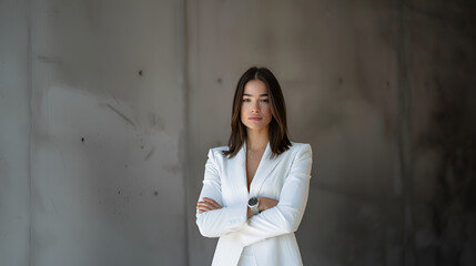 Fototapeta premium woman in a white suit with her arms crossed