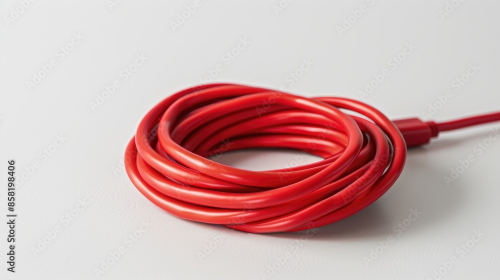 Poster close up of red coiled usb wire on white surface with empty area