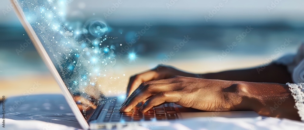 Poster a business setting with a laptop and a hand typing, emphasizing the role of computers and the intern