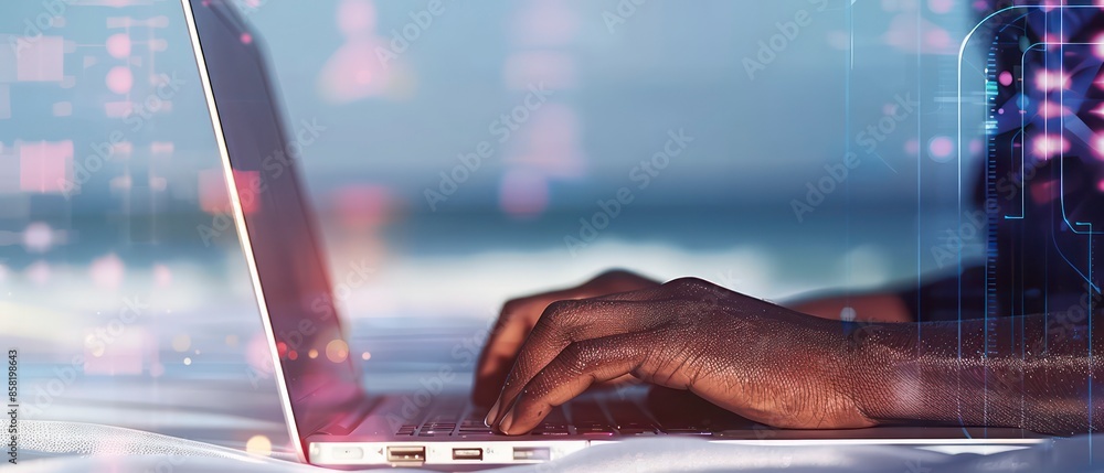 Poster a business setting with a laptop and a hand typing, emphasizing the role of computers and the intern
