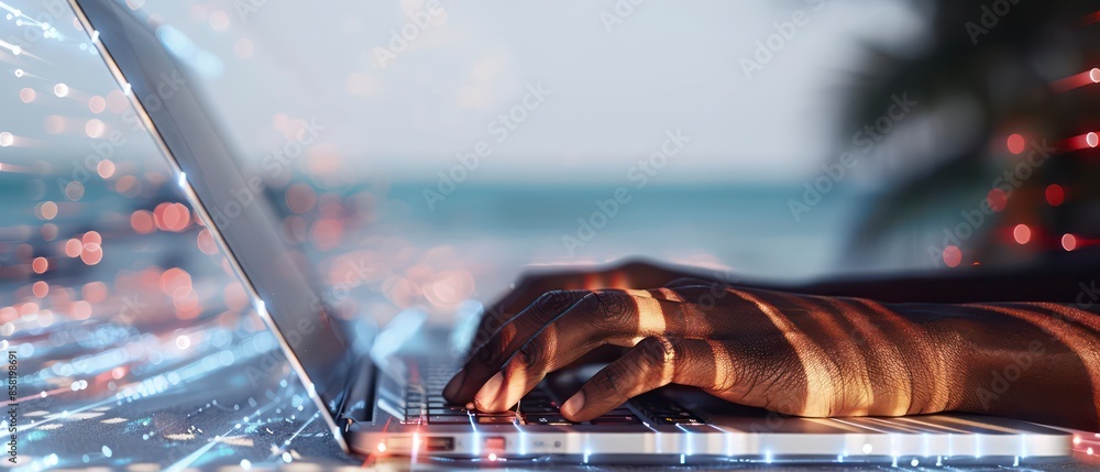 Poster a business setting with a laptop and a hand typing, emphasizing the role of computers and the intern