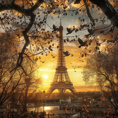 Sunset glow at eiffel tower surrounded by autumn leaves. picturesque parisian scene. Twilight in Paris with the Eiffel Tower