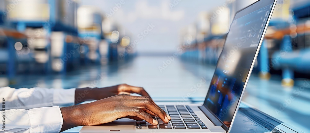 Poster a business setting with a laptop and a hand typing, emphasizing the role of computers and the intern