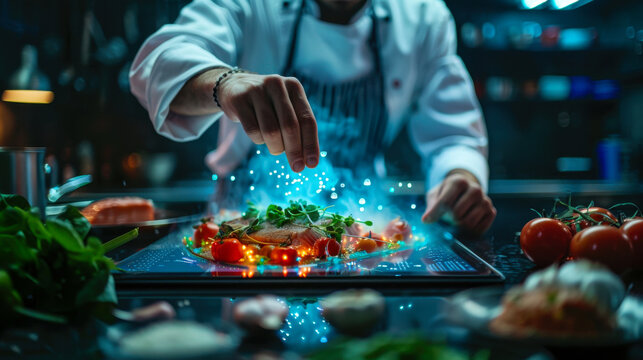 A chef in modern kitchen sprinkles ingredients onto dish with magical touch. Kitchen is filled with fresh ingredients and scene is illuminated by warm lighting, creating futuristic cooking atmosphere.