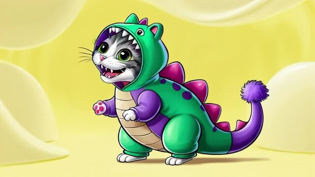 a cute cat, a cartoon character, wearing a dinosaur costume.