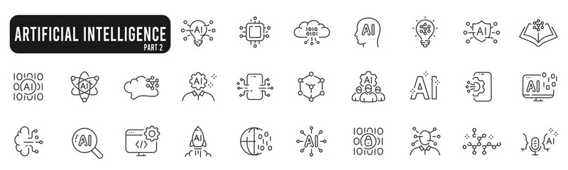 Set of artificial intelligence line icons. Technology, ai, digital, brain, chip etc. Set 2