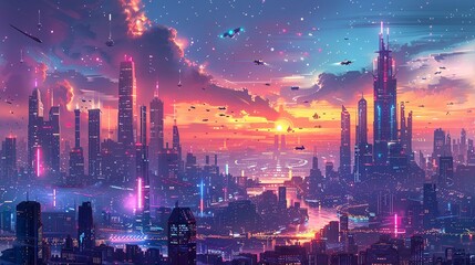 Obraz premium A dynamic, futuristic illustration of a cyberpunk cityscape, with towering skyscrapers, neon lights, and flying vehicles, perfect for sci-fi and dystopian themes. Illustration, Minimalism,
