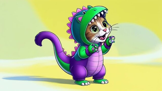 cute cat, cartoon character, wearing a dinosaur costume.