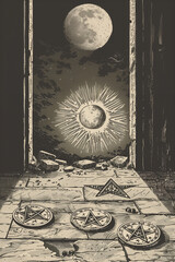vintage vintage style deck of tarot cards. magical predictions of the future, mysterious characters. AI generated