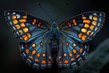 Naklejka premium A Striking Blue Butterfly with Orange and White Spots