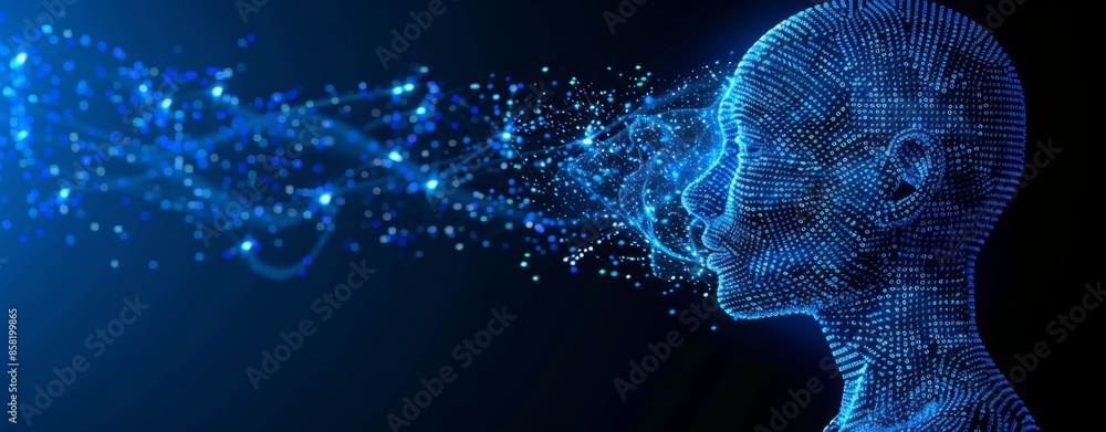Aufkleber digital mind: a 3d rendering of a human head composed of binary code