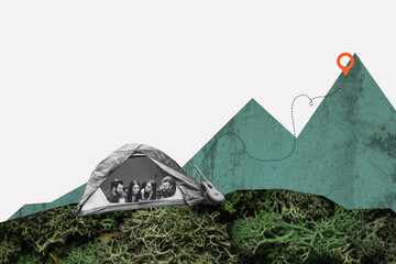 Composite photo collage of group people friends company camp hiking concept hill location nature...