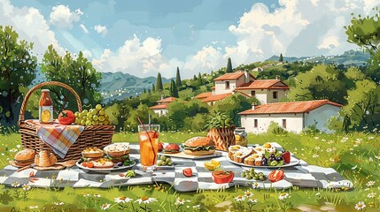 A playful, colorful illustration of a summer picnic, with a checkered blanket, picnic basket, and delicious food and drinks spread out on the grass. Illustration, Minimalism,