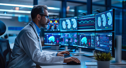 A medical professional analyzes brain data on multiple screens in a high-tech lab. The image highlights the integration of advanced technology in medical diagnostics and research.
