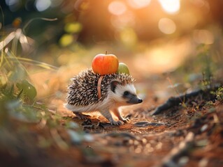 Medium shot of hedgehog carries apple on his back