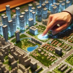 Obraz premium An urban planner interacts with a detailed city model, focusing on sustainable development and green spaces. AIG41