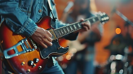Obraz premium Worship band performs on stage amidst blurred background, leaving room for text. illustration images