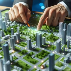 Obraz premium An urban planner interacts with a detailed city model, focusing on sustainable development and green spaces. AIG41