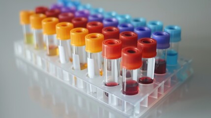 Blood collection tubes on a styrene rack with colored caps