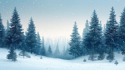 Fototapeta premium A serene, minimalist illustration of a snow-covered forest, with tall pine trees and soft flakes falling from the sky, evoking a sense of winter tranquility. Illustration, Minimalism,