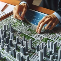 An urban planner interacts with a detailed city model, focusing on sustainable development and green spaces. AIG41