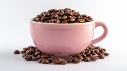 Fototapeta premium Coffee beans roasted in a pink cup on white backdrop with selective focus