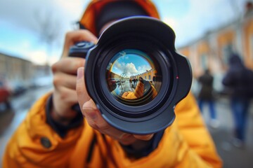 Taking photos with intense focus, the enthusiastic photographer is viewed through the fish eye lens, his camera movements creating an intriguing, curved effect