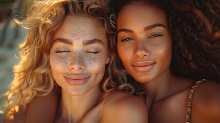 Obraz premium Lesbian couple in love embracing in nature, a romantic scene between two women. illustration images