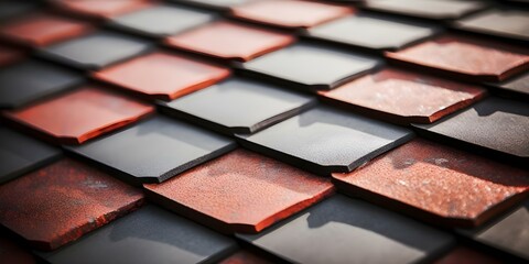 Fototapeta premium Detailed View of Roof Shingles on a House with Space for Text. Concept Roofing, House Exterior, Shingles, Architectural Detail, Copy Space