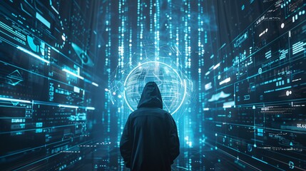 Depicts a scene related to metaverse cybersecurity and cybercrime, highlighting internet scams. It includes imagery of a businessman, cryptocurrency investment, digital network technology