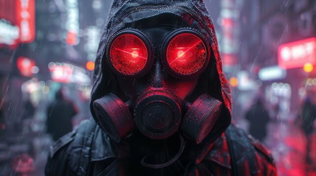 A dramatic nighttime urban scene featuring an individual wearing a gas mask with red-lit lenses, creating a cyberpunk and dystopian aesthetic.