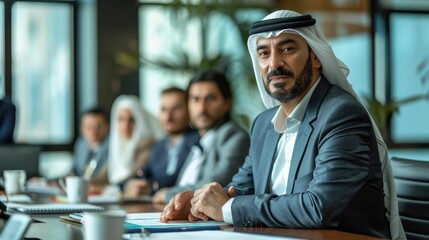 Confident Arab businessman in a business suit presenting his business plan to colleagues using a projector during a corporate meeting or conference in a professional office setting