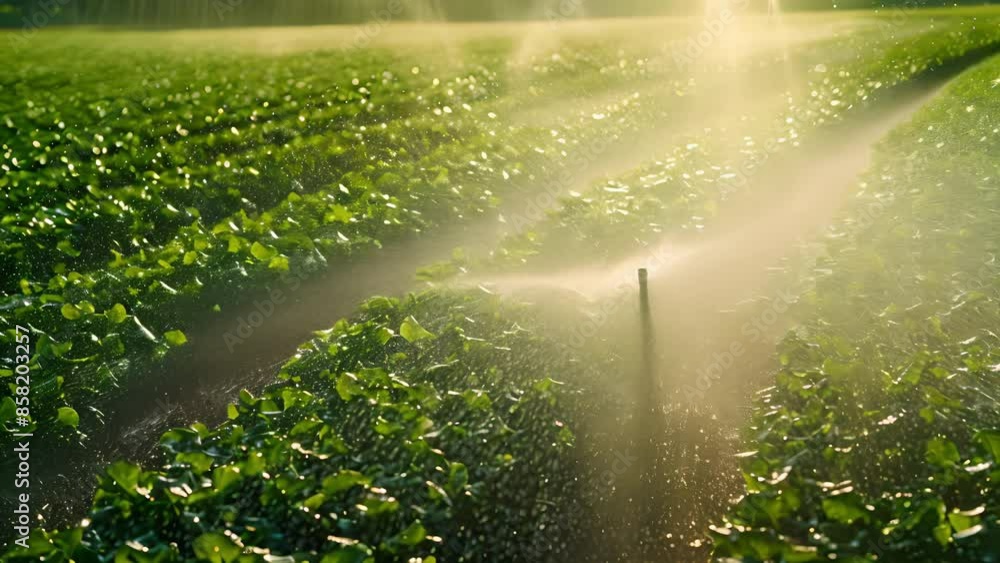 Poster an aerial view of a lush green field being watered using a precision irrigation system.