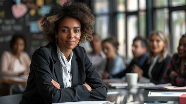 Arab Businesswoman Leading Diverse Team Meeting in Office Boardroom  Group of professionals collaborating discussing business strategy and decision making in corporate conference room setting