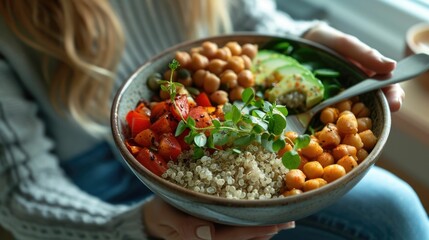 Close up view of a woman enjoying a nutritious and colorful Buddha bowl filled with quinoa chickpeas roasted vegetables and fresh greens  The vibrant dish represents a balanced healthy