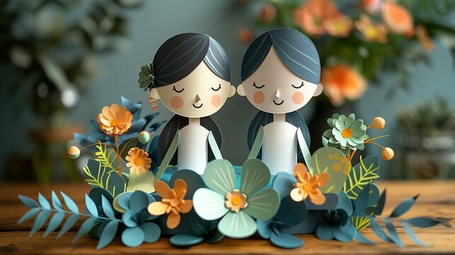 Elegant paper wedding cake toppers, adding a unique touch to any matrimonial celebration. Illustration, Minimalism,